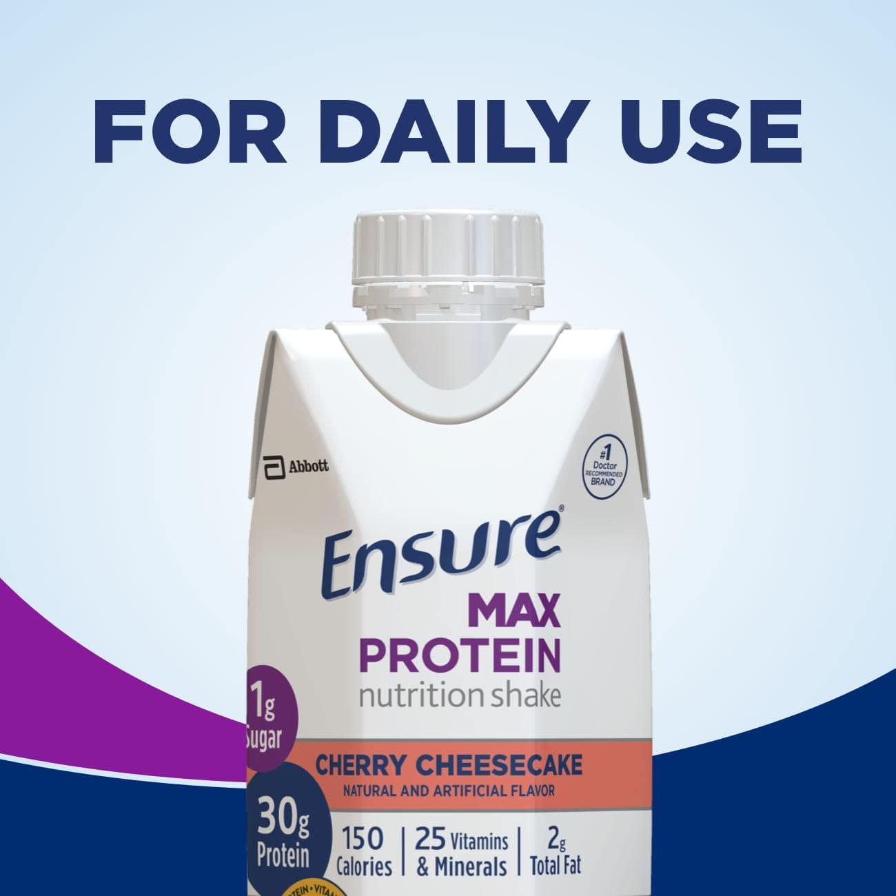 Ensure Max Protein Nutrition Shake, with 30g of Protein, 1g of Sugar, High Protein Shake, Cherry Cheesecake, 11 fl oz, 12 Count
