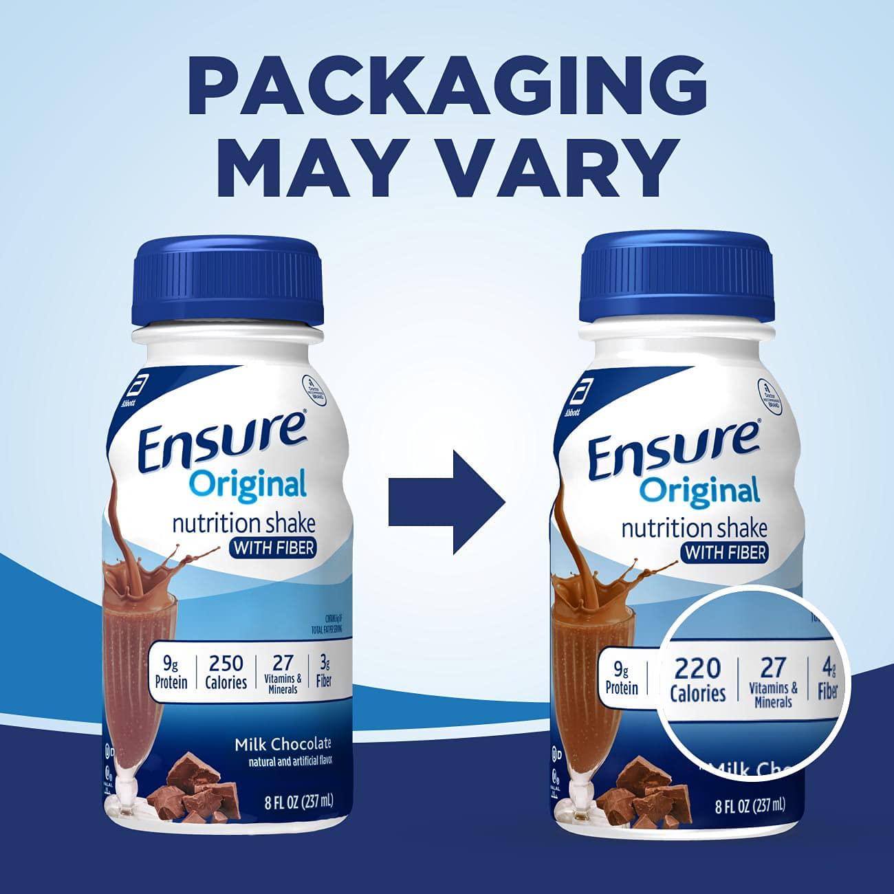 Ensure Original Nutrition Shake with Fiber, Small Meal Replacement Shake, Complete, Balanced Nutrition with Nutrients to Support Immune System Health, Milk Chocolate, 8 Fl Oz (Pack of 24)