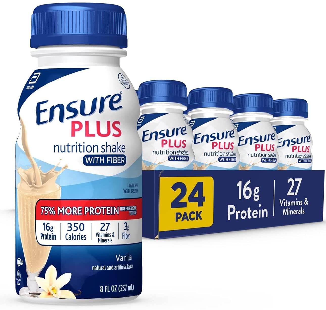 Ensure Plus Nutrition Shake with Fiber, 13g High-Quality Protein, Meal Replacement Shakes, Vanilla, 8 fl oz, 24 count