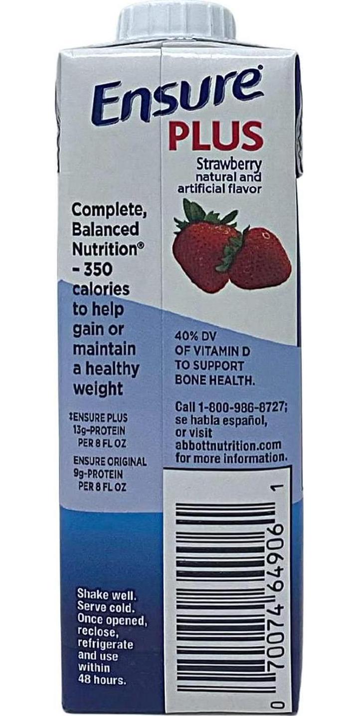 Ensure Plus Strawberry Therapeutic Nutrition, 8 Ounce Recloseable Carton, Abbott 64907 - Case Of 24