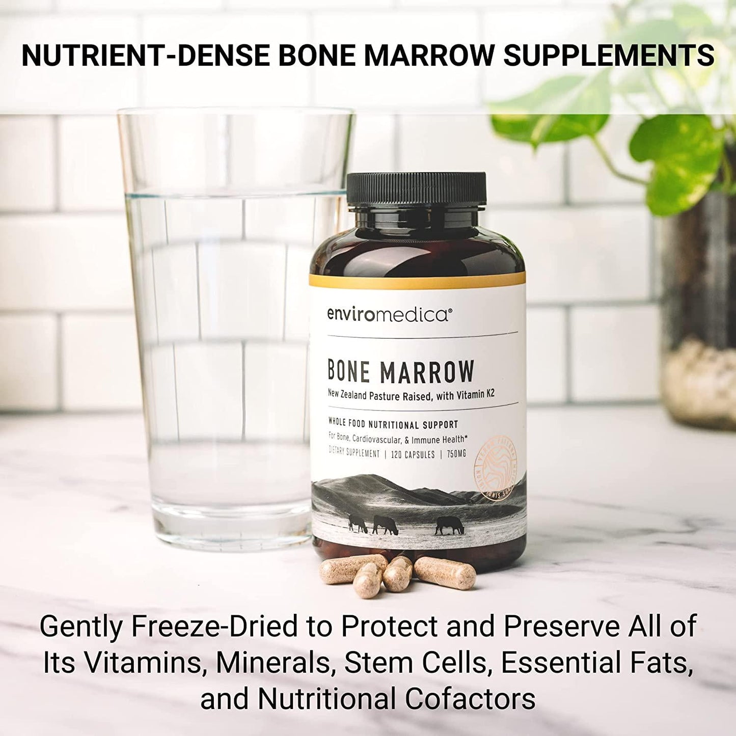 Enviromedica Freeze-Dried Bone Marrow Complex with Cartilage and MCHA Whole Bone from Grass-Fed Pastured New Zealand Bovine (120ct)