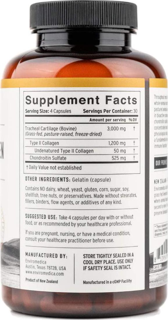 Enviromedica Tracheal Cartilage Collagen Supplement Capsules of Undenatured Type II Bovine Collagen Protein sourced from Grass Fed New Zealand Beef (120ct)