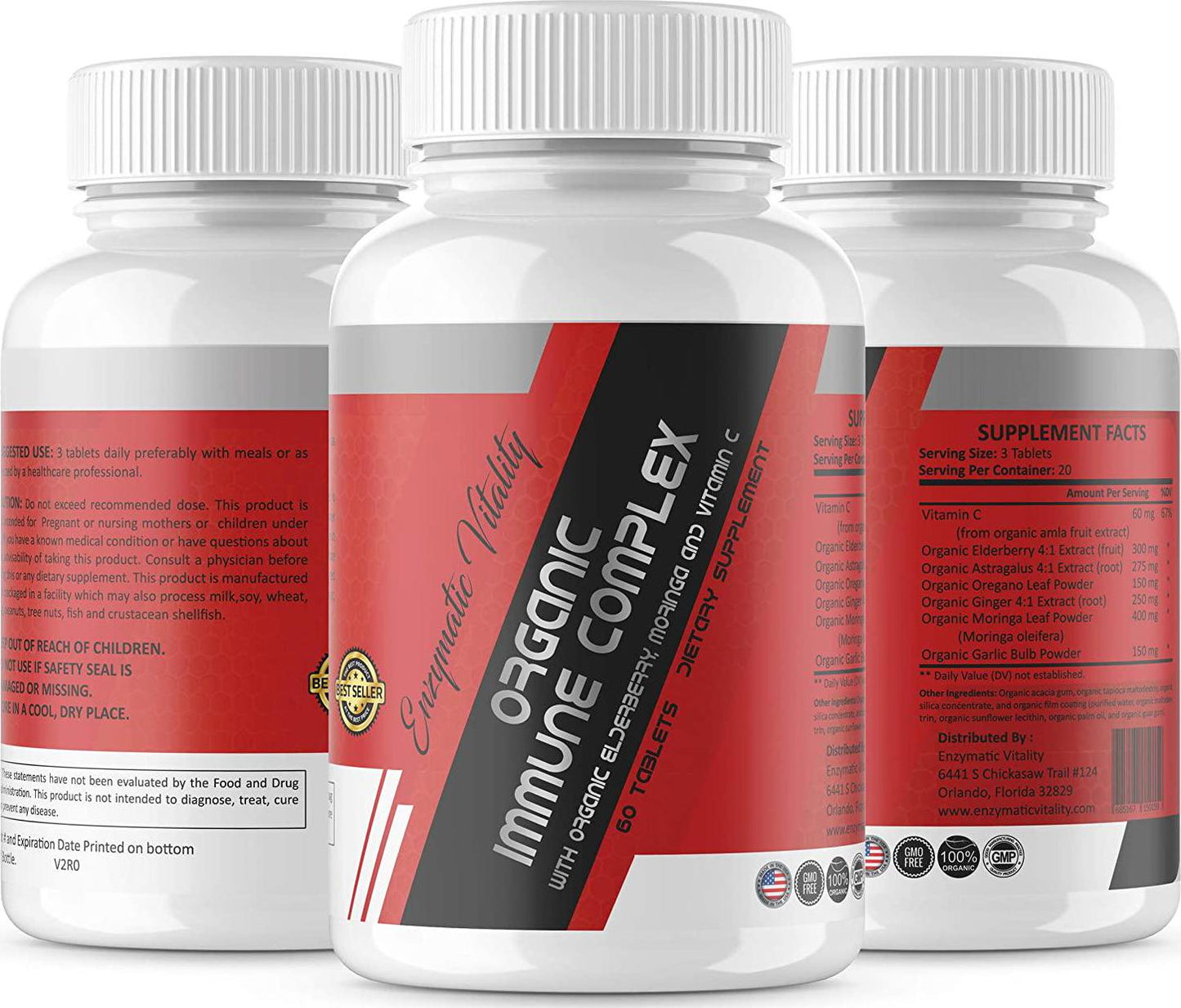 Enzymatic Vitality Organic Immune System Booster - Vitamin C - Organic Elderberry - Organic Moringa Organic Ginger and Organic Garlic Extract