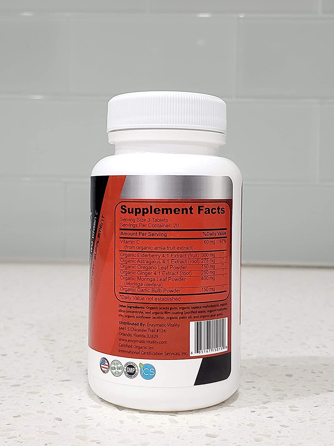 Enzymatic Vitality Organic Immune System Booster - Vitamin C - Organic Elderberry - Organic Moringa Organic Ginger and Organic Garlic Extract