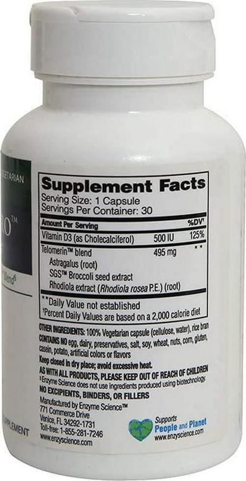 Enzyme Science Telomere Pro , 30 Capsules Supports Cellular Health, Energy Production, and Healthy Aging  Formulated with Vitamin D3, Rhodiola, and Astragalus Natural Telomerase Supplement