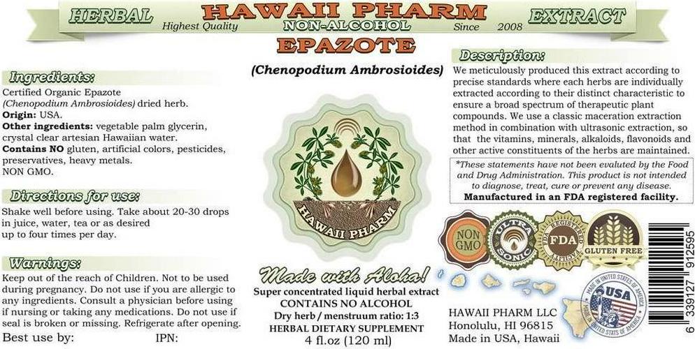 Epazote Alcohol-FREE Liquid Extract, Epazote (Chenopodium Ambrosioides) Dried Herb Glycerite Hawaii Pharm Natural Herbal Supplement 2 oz