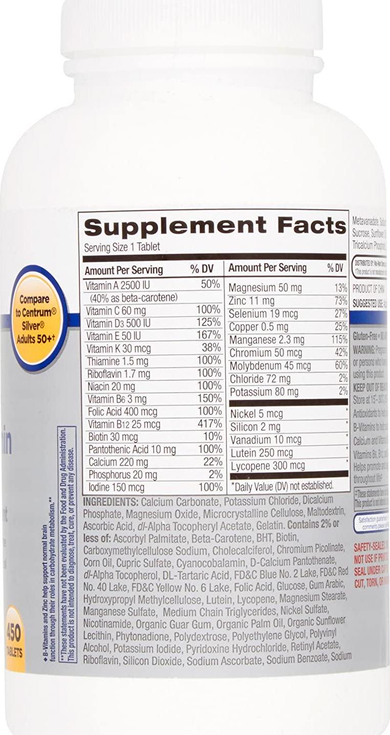 Equate Adults 50+ Complete Multivitamin/Multimineral Supplement Tablets, 450 Ct