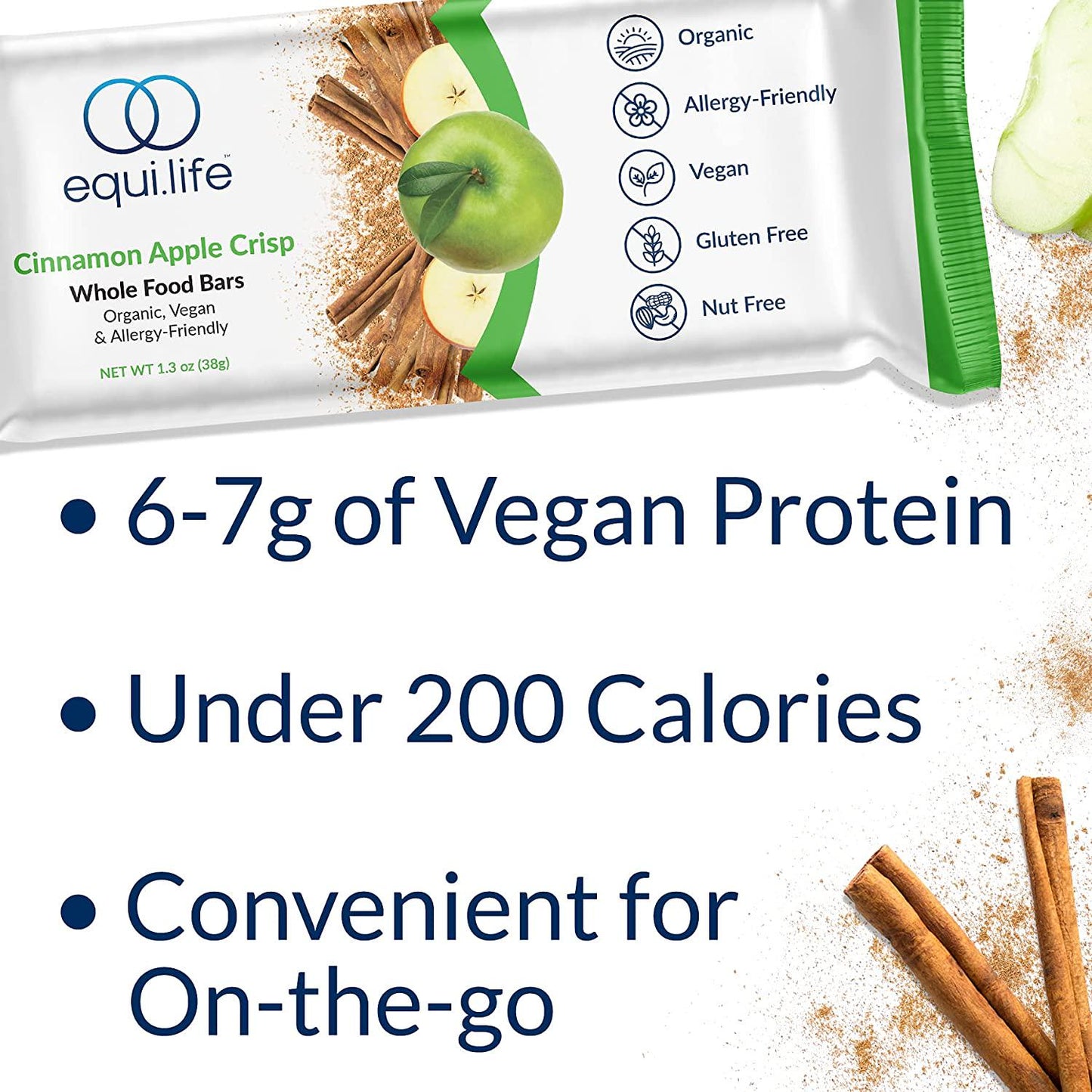 EquiLife - Whole Food Bars, Paleo and Vegan Protein Bars, Organic Nutrition Bars, 6g of Protein, Under 200 Calories, Crisp Apple Taste, Travel-Size, Gluten-Free, Soy-Free (Cinnamon Apple Crisp, 9 Count)