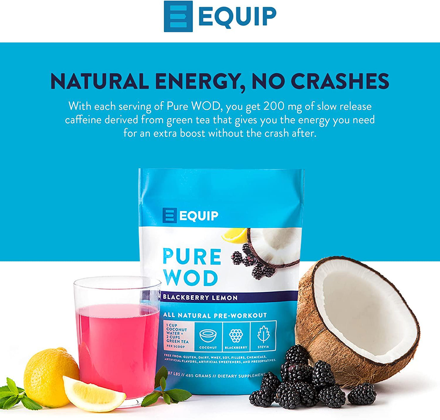 Equip Foods PureWOD Natural PreWorkout Energy Powder Drink Mix - with Vitamin C, Green Tea Extract, Creatine Powder, and L Carnitine - 1.07 Pounds, BlackBerry Lemon - Naturally Boosts Your Workouts