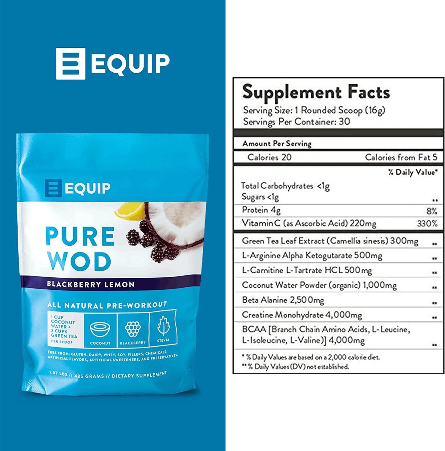 Equip Foods PureWOD Natural PreWorkout Energy Powder Drink Mix - with Vitamin C, Green Tea Extract, Creatine Powder, and L Carnitine - 1.07 Pounds, BlackBerry Lemon - Naturally Boosts Your Workouts