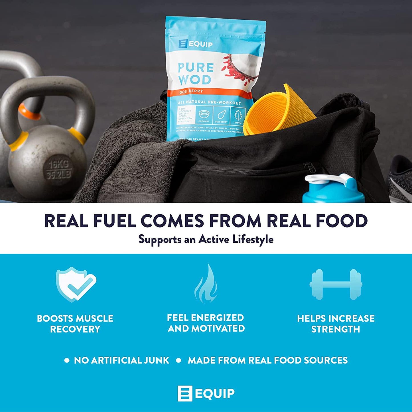 Equip Foods PureWOD Natural PreWorkout Energy Powder Drink Mix - with Vitamin C, Green Tea Extract, Creatine Powder, and L Carnitine - 1.07 Pounds, BlackBerry Lemon - Naturally Boosts Your Workouts