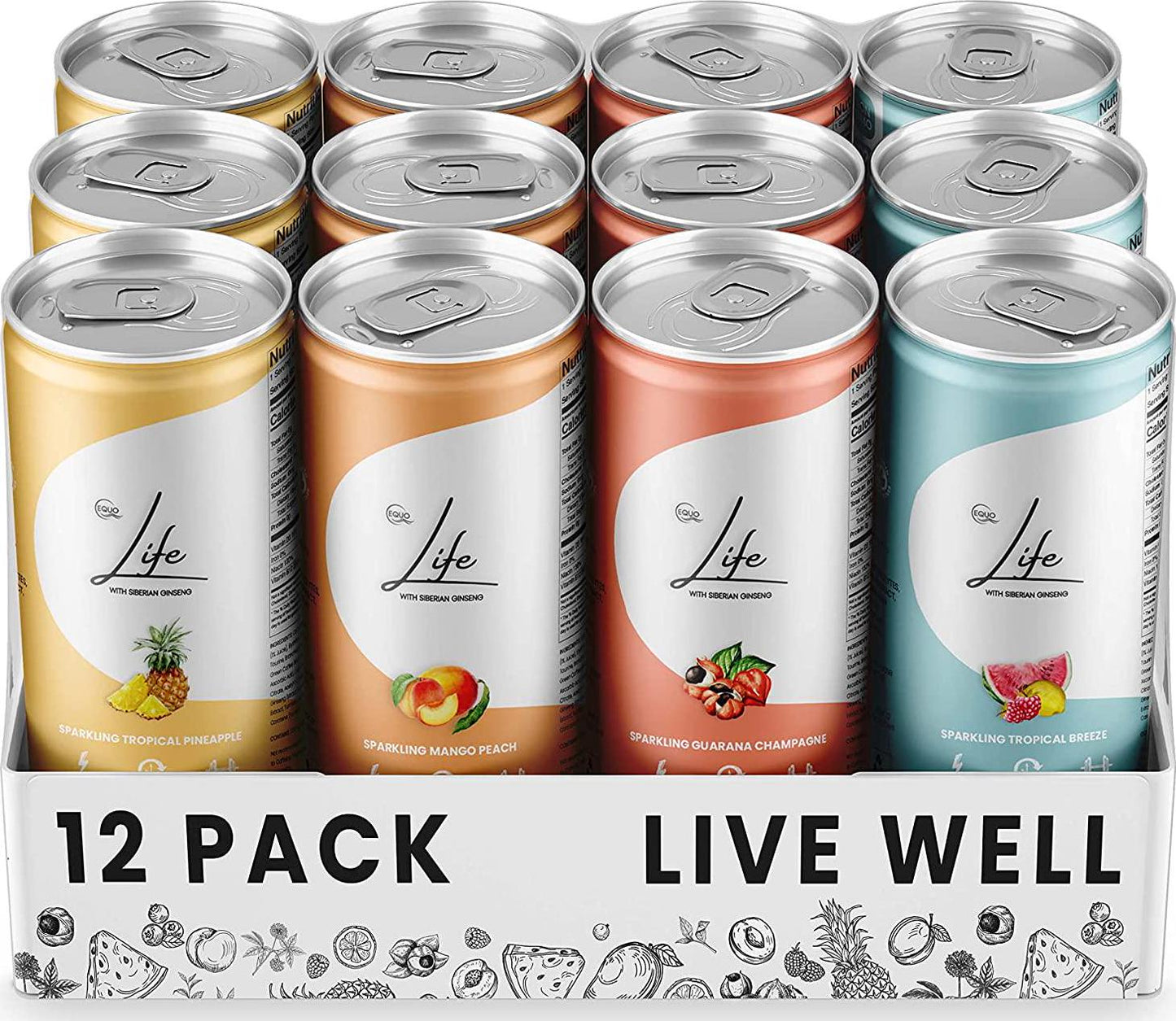 Equo Life Clean Energy Drink with Siberian Ginseng, 12 Fl Oz, Pack of 12, 4-Flavor Sampler Pack