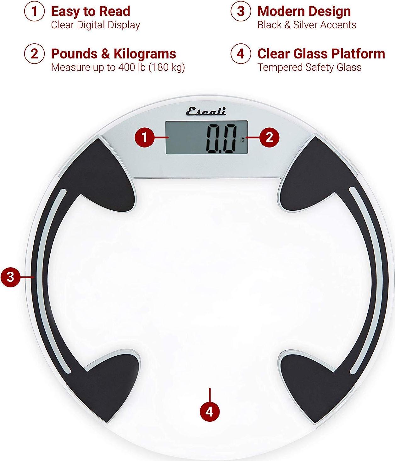Escali Digital Glass Bath Scale for Body Weight, Bathroom Body Scale, High Capacity of 400 lb, Battery Included, Clear Round Platform