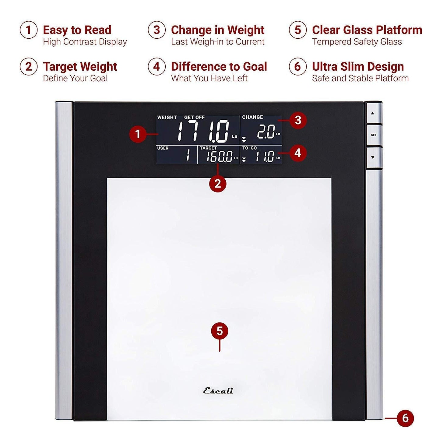 Escali Track and Target Digital Bathroom Body Scale with Weight Goal Progress Tracking, 400-lb Capacity