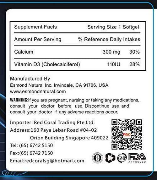 Esmond Natural: Liquid Calcium with Vitamin D3 (Rapid Dissolving), Made in USA, FDA Facility, GMP, Natural Products Assn Certified-200 Softgels