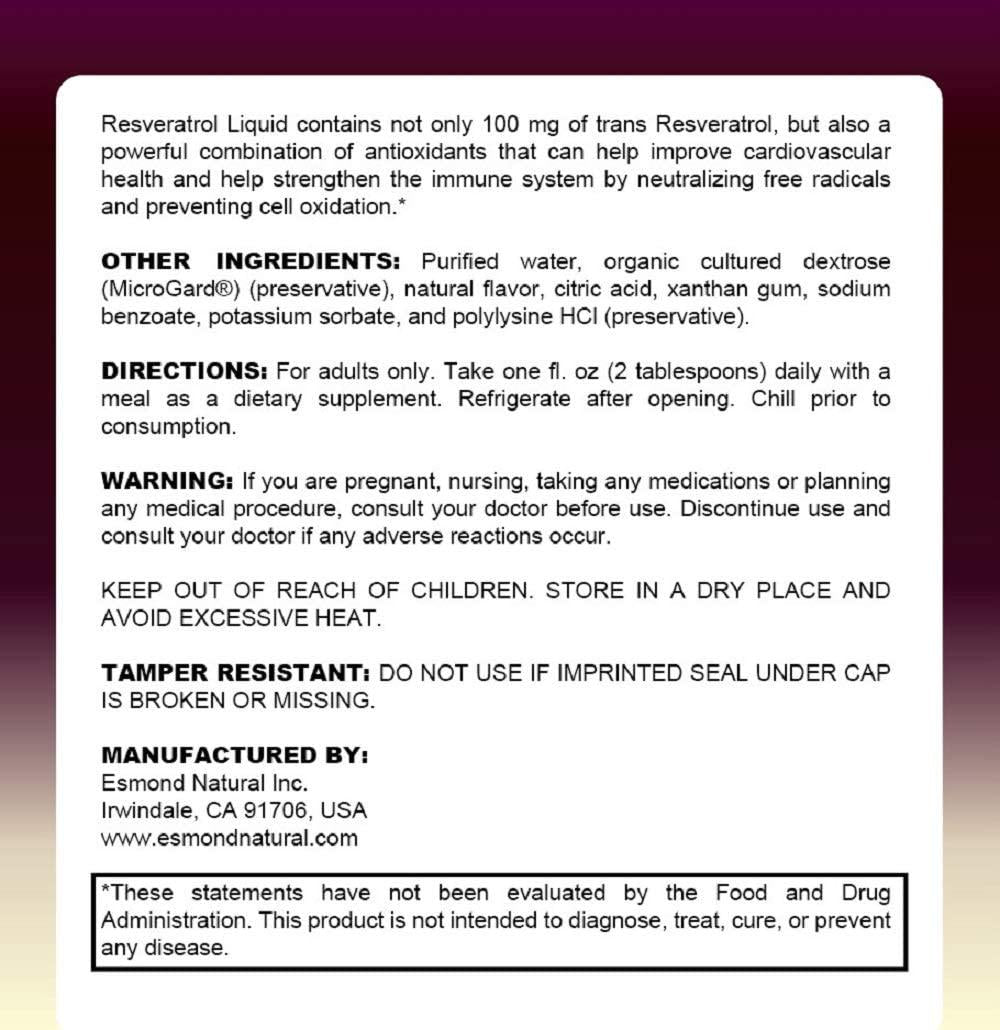 Esmond Natural: Resveratrol (Red Grape and Pomegranate), GMP, Natural Product Assn Certified, Made in USA-473ml, 16 Fl Oz