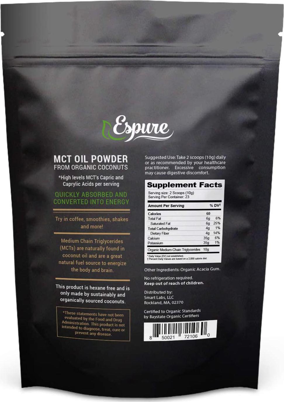 Espure Organic MCT Powder - USDA Certified, with Prebiotic Acacia Fiber; Keto Friendly, Vegan, Gluten Free; 8oz