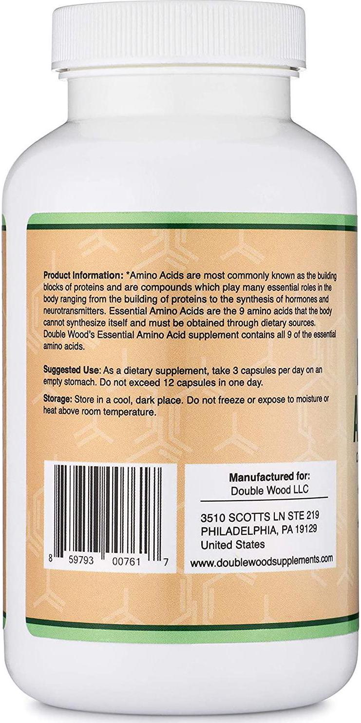 Essential Amino Acids - 1 Gram Per Serving Powder Blend of All 9 Essential Aminos (EAA) and all Branched-Chain Aminos (BCAAs) (Leucine, Isoleucine, Valine) 225 Capsules by Double Wood Supplements