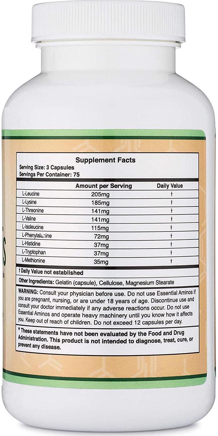 Essential Amino Acids - 1 Gram Per Serving Powder Blend of All 9 Essential Aminos (EAA) and all Branched-Chain Aminos (BCAAs) (Leucine, Isoleucine, Valine) 225 Capsules by Double Wood Supplements