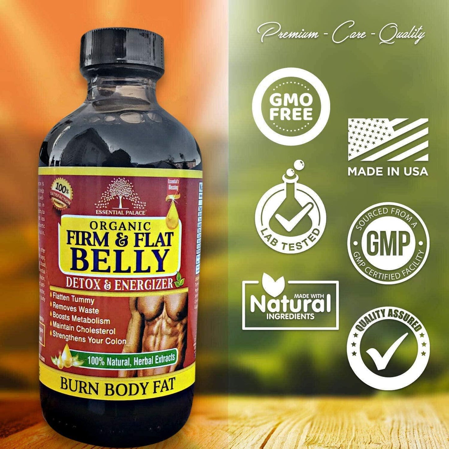 Essential Palace Organic Firm and Flat Belly Detox and Energizer - 100% Natural and Herbal Extracts - GMO Free, GMP Certified - Flatten Tummy, Remove Waste, Boost Metabolism, Strengthen Colon - 8 oz