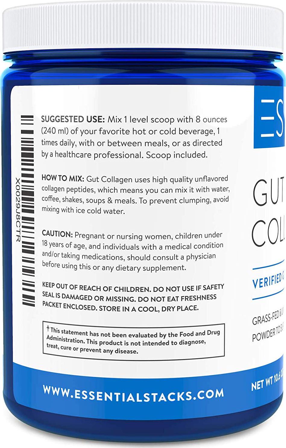 Essential Stacks Collagen Peptides Powder - Grass-Fed Hydrolyzed Collagen Protein Supplement for Gut Support Plus Hair, Skin and Nails. 3rd Party Verified Gluten, Dairy and Soy Free - Unflavored