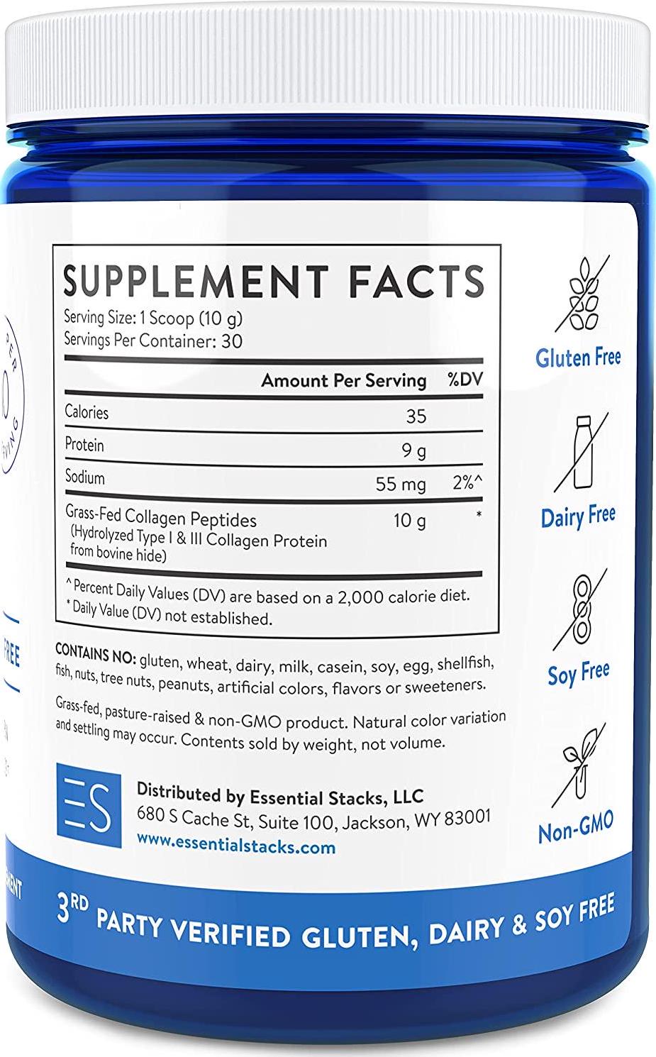 Essential Stacks Collagen Peptides Powder - Grass-Fed Hydrolyzed Collagen Protein Supplement for Gut Support Plus Hair, Skin and Nails. 3rd Party Verified Gluten, Dairy and Soy Free - Unflavored