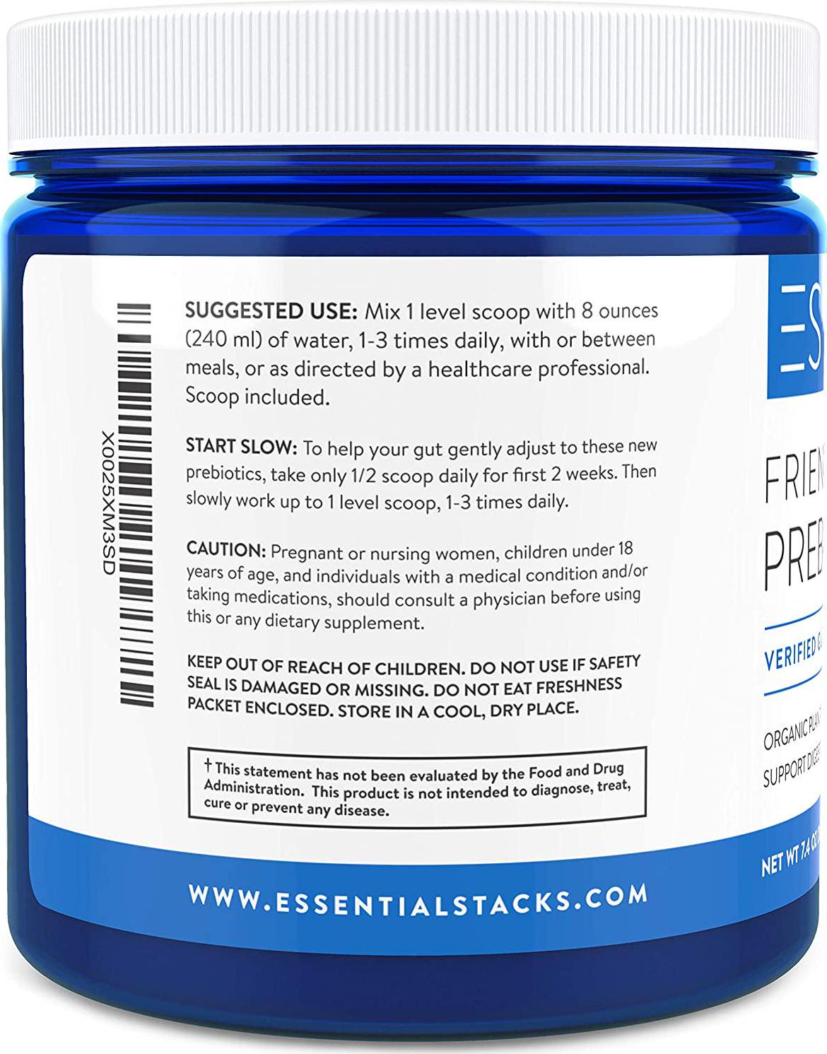 Essential Stacks Friendly Prebiotics Powder - Organic Prebiotic Fiber to Support Gut Bacteria, Digestive Health and Weight Management. Non-GMO, Plant-Based and Gluten, Dairy and Soy Free - Unflavored