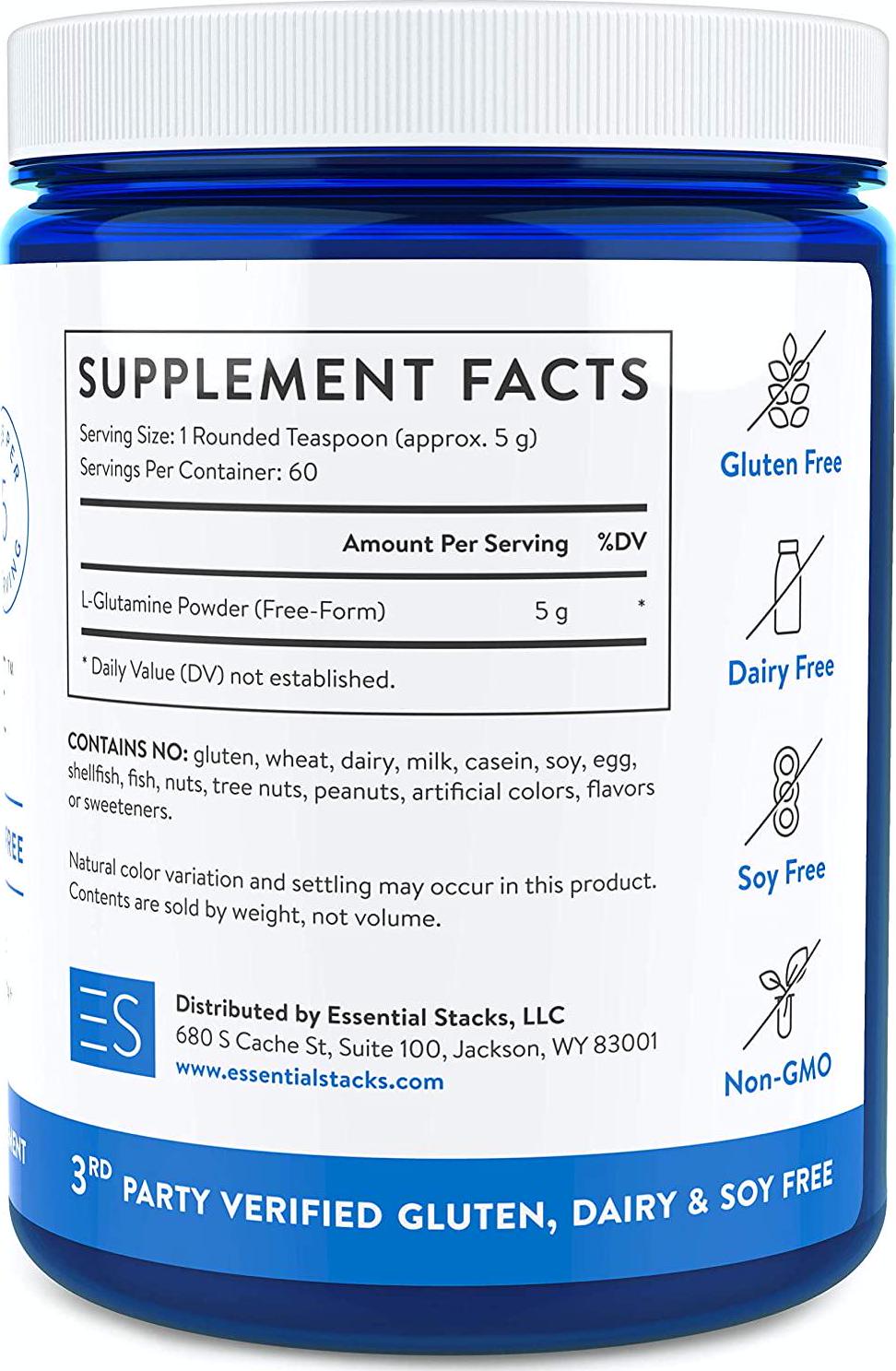 Essential Stacks Gut L-Glutamine Powder - Gluten Free, Dairy Free, Soy Free, Non-GMO and Hypoallergenic with 3rd Party Verified Allergen Testing - Pure Unflavored L Glutamine for Optimal Gut Health