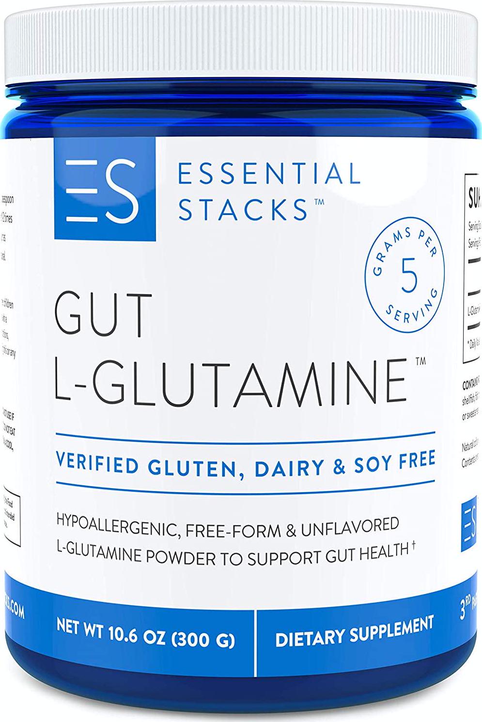 Essential Stacks Gut L-Glutamine Powder - Gluten Free, Dairy Free, Soy Free, Non-GMO and Hypoallergenic with 3rd Party Verified Allergen Testing - Pure Unflavored L Glutamine for Optimal Gut Health