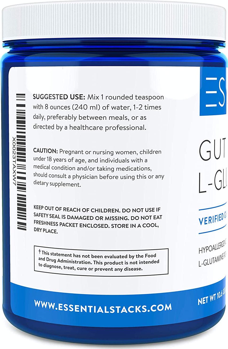Essential Stacks Gut L-Glutamine Powder - Gluten Free, Dairy Free, Soy Free, Non-GMO and Hypoallergenic with 3rd Party Verified Allergen Testing - Pure Unflavored L Glutamine for Optimal Gut Health