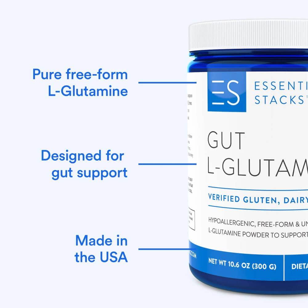 Essential Stacks Gut L-Glutamine Powder - Gluten, Dairy and Soy Free, Vegan, Non-GMO and Hypoallergenic with 3rd Party Allergen Testing, Pure Unflavored L Glutamine Powder for Optimal Gut Health