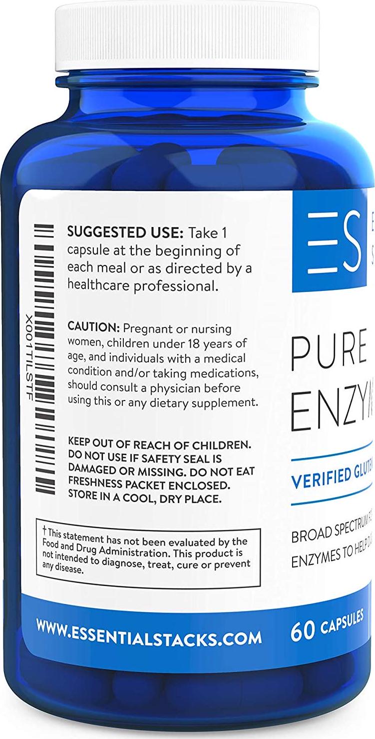 Essential Stacks Pure Digestive Enzymes - Gluten Free, Dairy Free and Soy Free with 3rd Party Verified Allergen Testing – Smart Blend of 18 Powerful Digestive Enzymes So You Can Digest All Food Groups