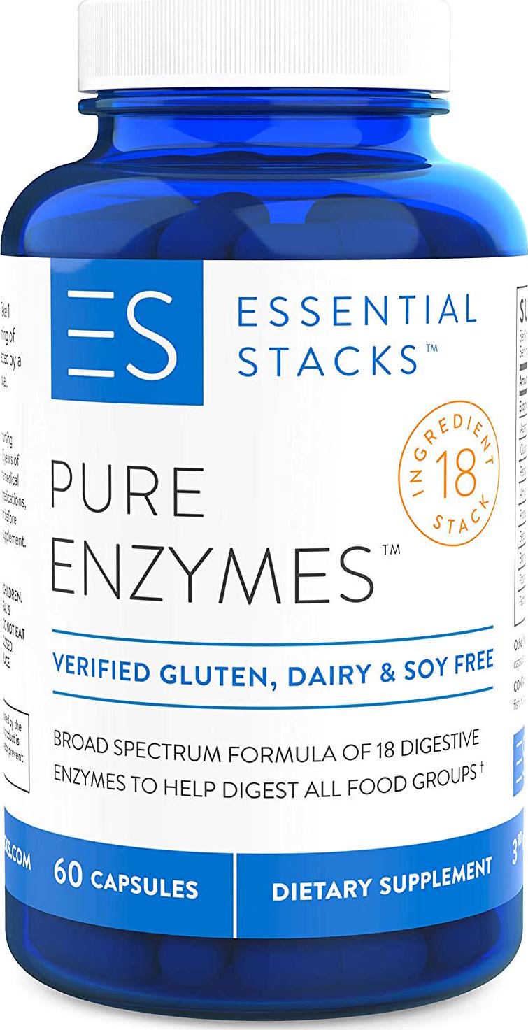 Essential Stacks Pure Digestive Enzymes - Gluten Free, Dairy Free and Soy Free with 3rd Party Verified Allergen Testing – Smart Blend of 18 Powerful Digestive Enzymes So You Can Digest All Food Groups