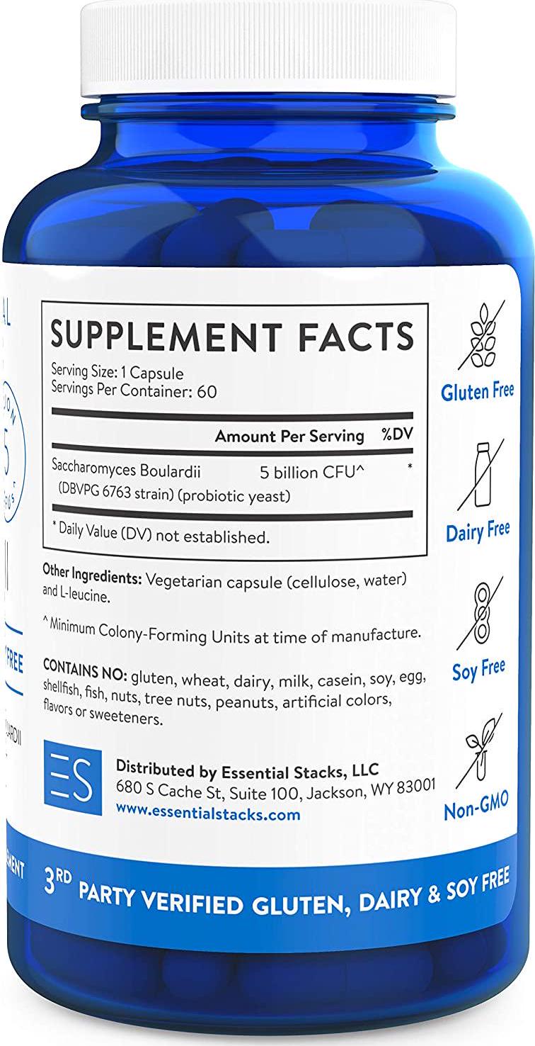 Essential Stacks Pure Saccharomyces Boulardii Probiotic - Gluten, Dairy and Soy Free - 5 Billion CFUs S Boulardii DBV PG 6763 Strain (60 Capsules)