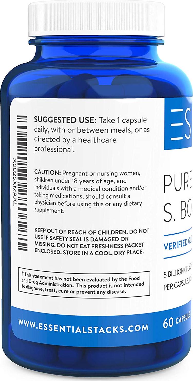 Essential Stacks Pure Saccharomyces Boulardii Probiotic - Gluten, Dairy and Soy Free - 5 Billion CFUs S Boulardii DBV PG 6763 Strain (60 Capsules)