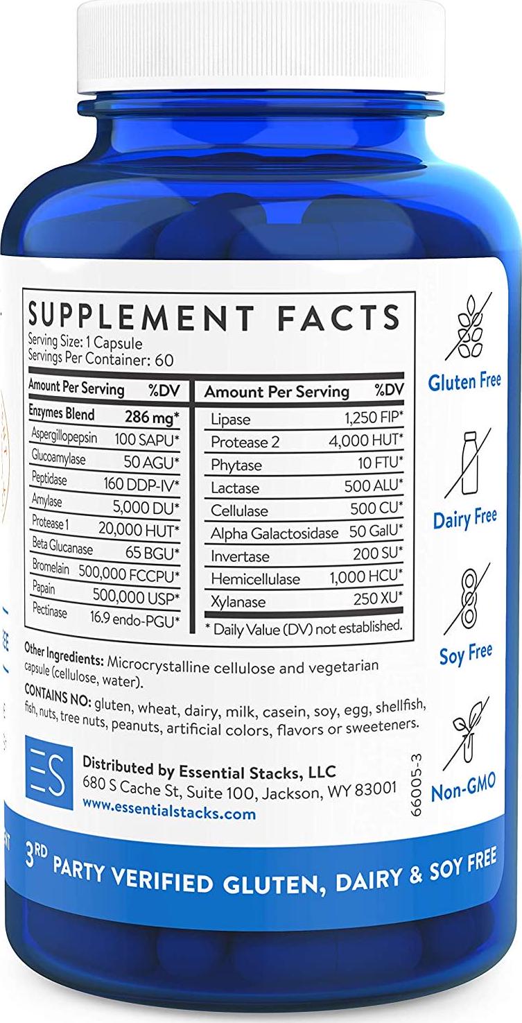 Essential Stacks Pure Digestive Enzymes - Gluten Free, Dairy Free and Soy Free with 3rd Party Verified Allergen Testing – Smart Blend of 18 Powerful Digestive Enzymes So You Can Digest All Food Groups