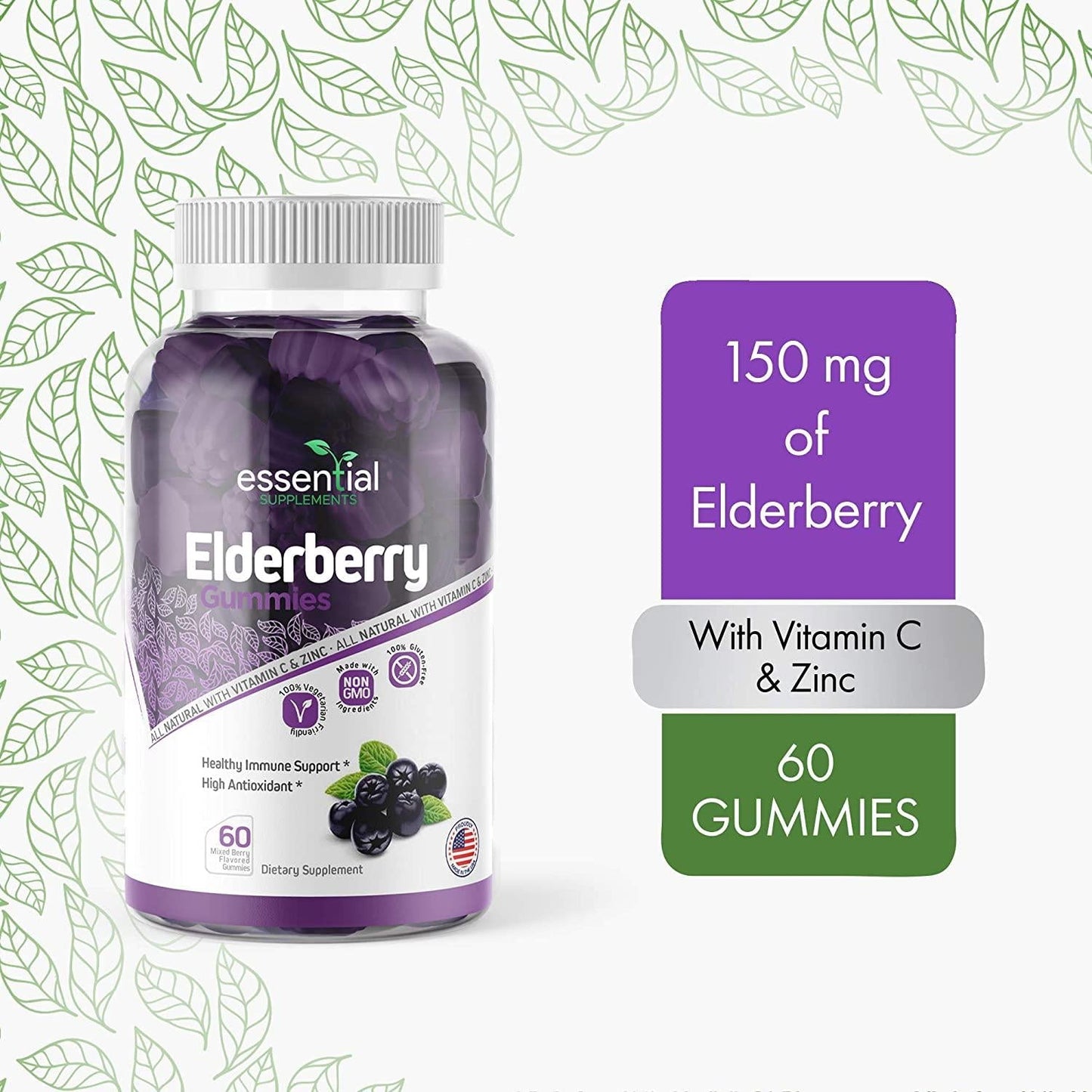 Essential Supplements Elderberry | Zinc Supplements for Immune Support | Elderberry Gummies with Added Vitamin C and Zinc | Zinc Vitamins for Adults