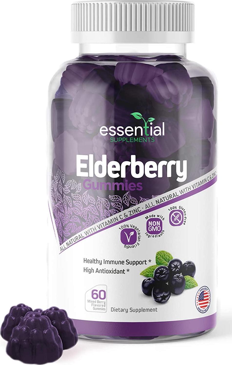 Essential Supplements Elderberry | Zinc Supplements for Immune Support | Elderberry Gummies with Added Vitamin C and Zinc | Zinc Vitamins for Adults