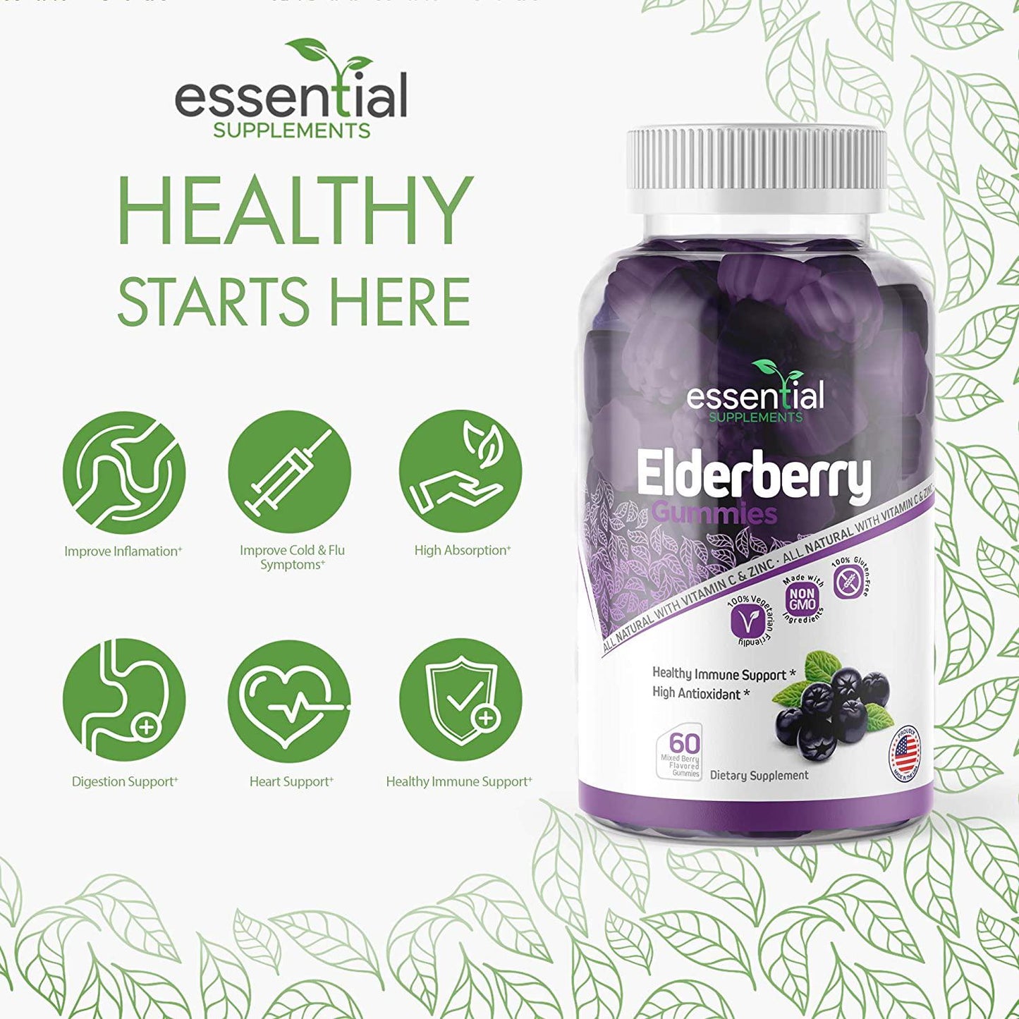 Essential Supplements Elderberry | Zinc Supplements for Immune Support | Elderberry Gummies with Added Vitamin C and Zinc | Zinc Vitamins for Adults