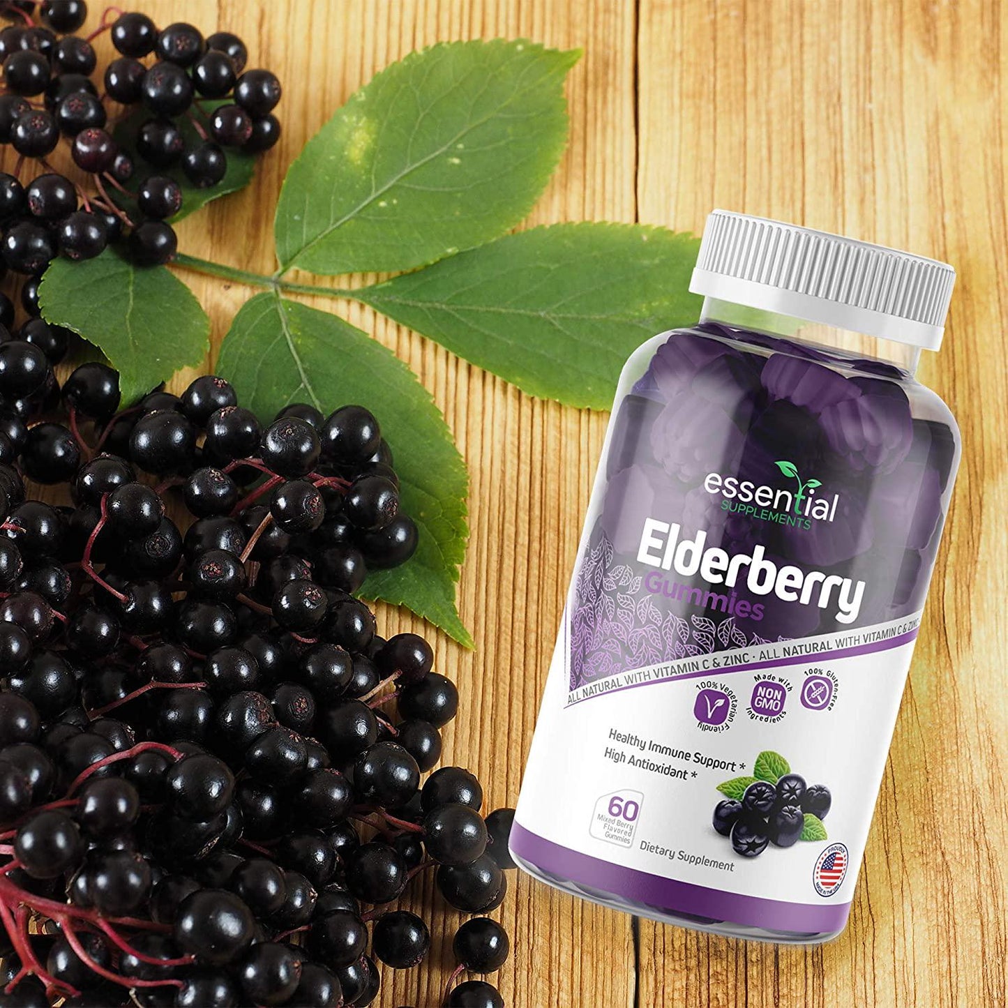 Essential Supplements Elderberry | Zinc Supplements for Immune Support | Elderberry Gummies with Added Vitamin C and Zinc | Zinc Vitamins for Adults