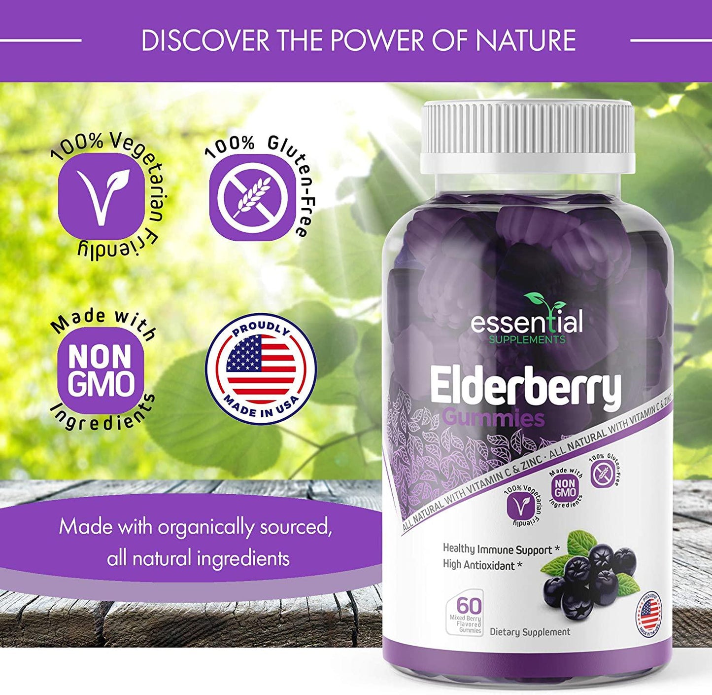Essential Supplements Elderberry | Zinc Supplements for Immune Support | Elderberry Gummies with Added Vitamin C and Zinc | Zinc Vitamins for Adults