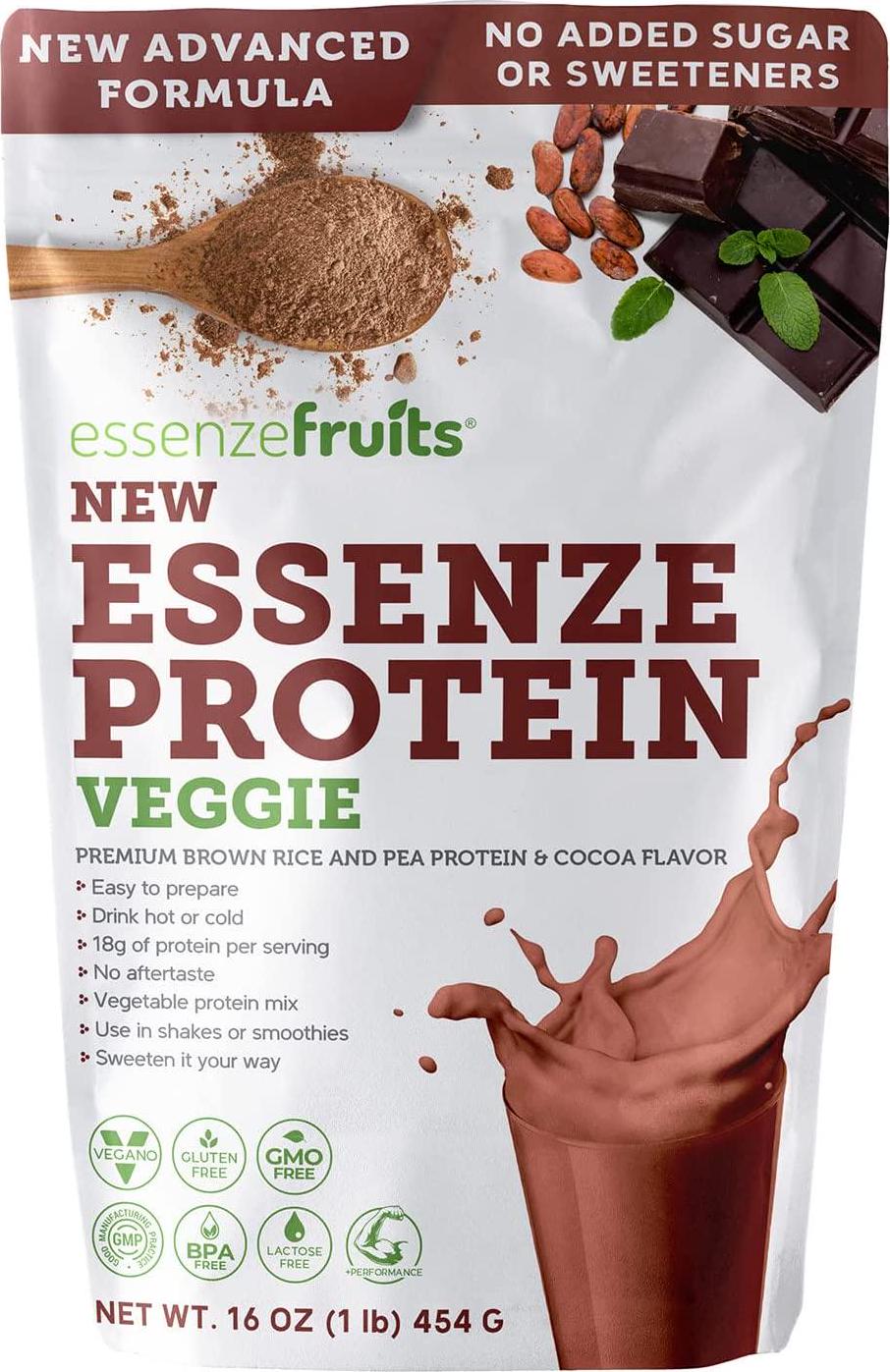 Essenzefruits Plant Based Protein Powder + 8 Greens Superfoods - Chocolate Flavor, Zero Sugar, Keto, Gluten, Soy and Dairy Free, No additives - No Aftertaste,Sweetener Free 15.87 Oz - 450g