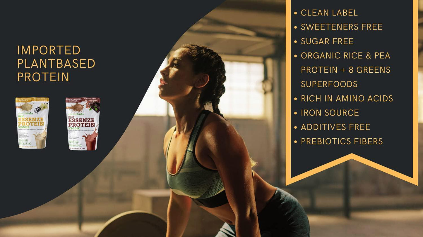 Essenzefruits Plant Based Protein Powder + 8 Greens Superfoods - Chocolate Flavor, Zero Sugar, Keto, Gluten, Soy and Dairy Free, No additives - No Aftertaste,Sweetener Free 15.87 Oz - 450g