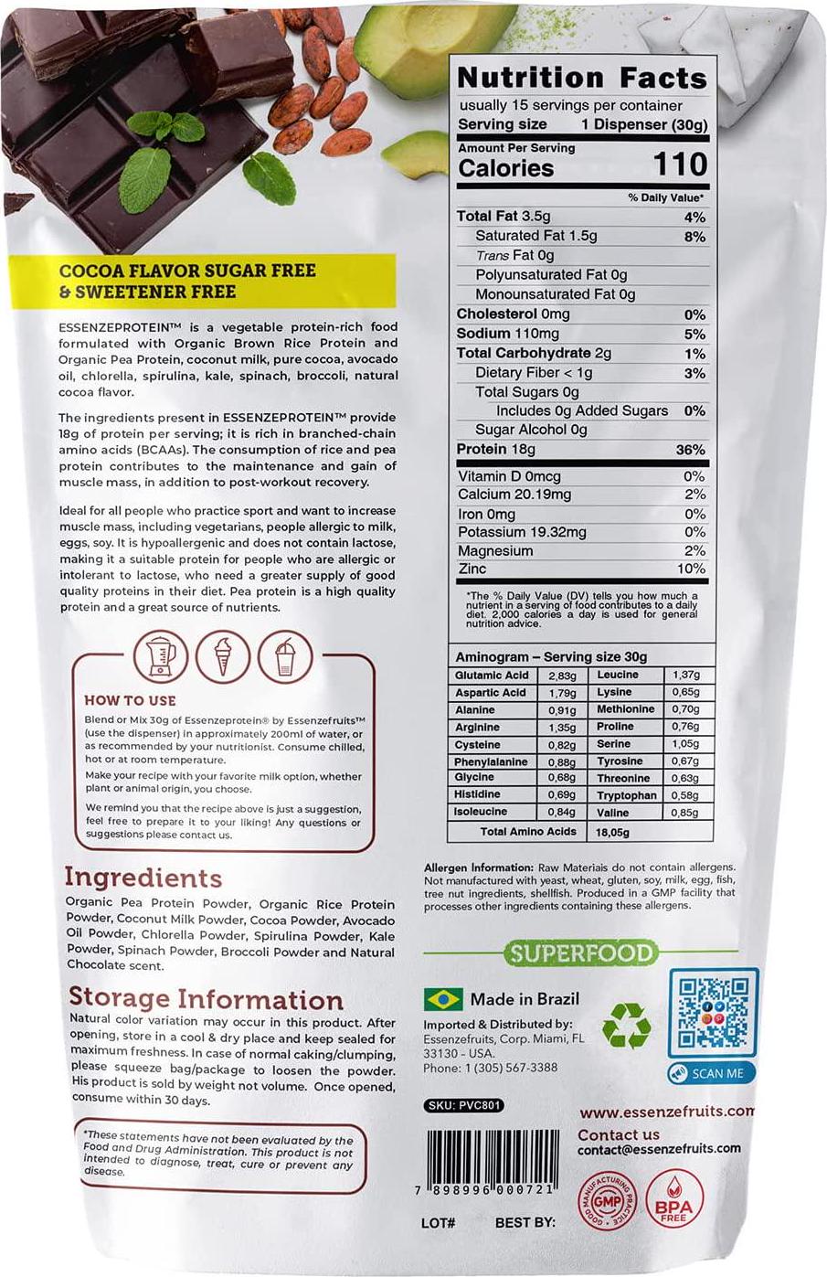 Essenzefruits Plant Based Protein Powder + 8 Greens Superfoods - Chocolate Flavor, Zero Sugar, Keto, Gluten, Soy and Dairy Free, No additives - No Aftertaste,Sweetener Free 15.87 Oz - 450g