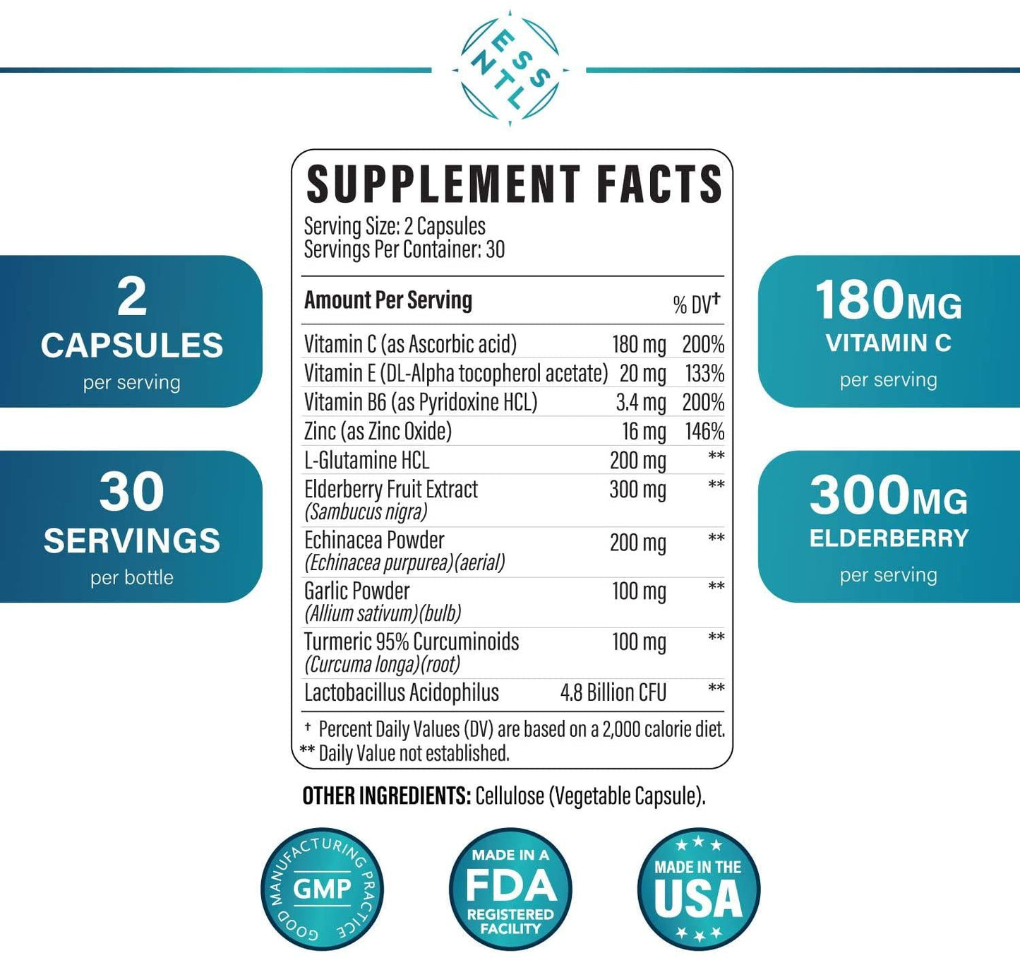 Essntlwellness Shield Immune Defense - Natural Immunity Support Supplement with Vitamin C, E, B6 and Zinc - Non-GMO Formula with Elderberry, Turmeric, Echinacea, Garlic Powder and Probiotics - 60 Capsules