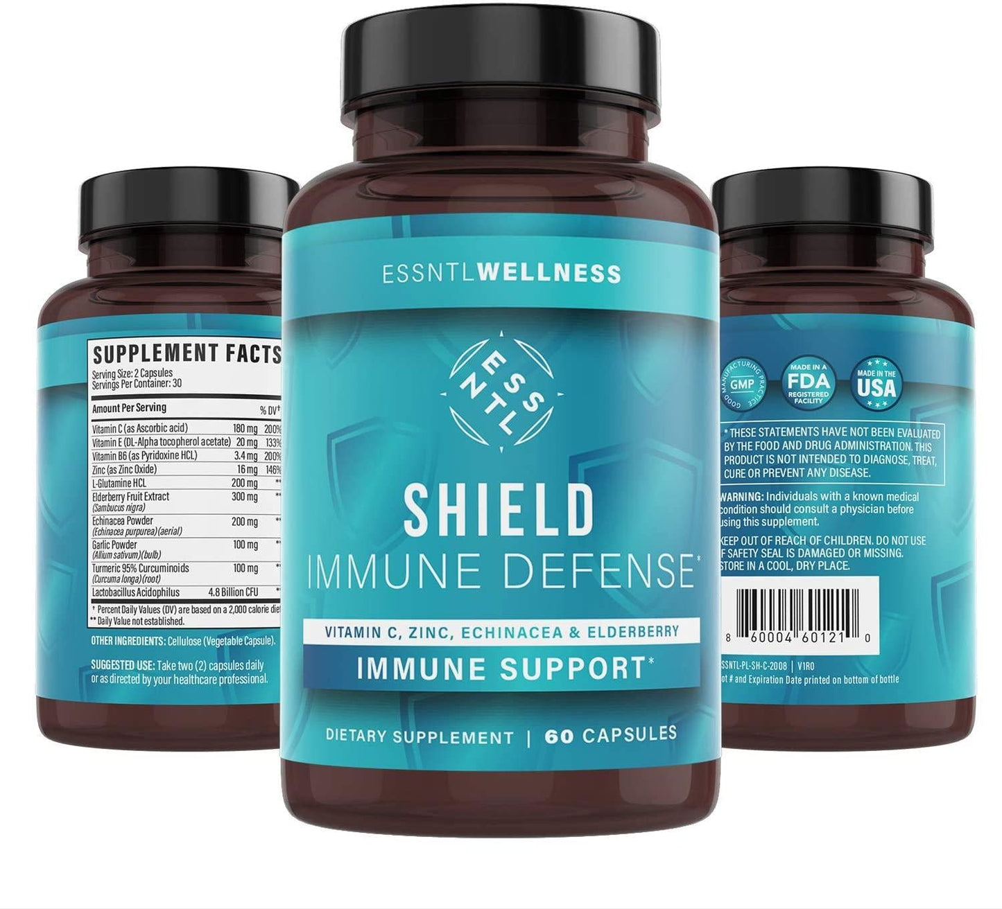 Essntlwellness Shield Immune Defense - Natural Immunity Support Supplement with Vitamin C, E, B6 and Zinc - Non-GMO Formula with Elderberry, Turmeric, Echinacea, Garlic Powder and Probiotics - 60 Capsules