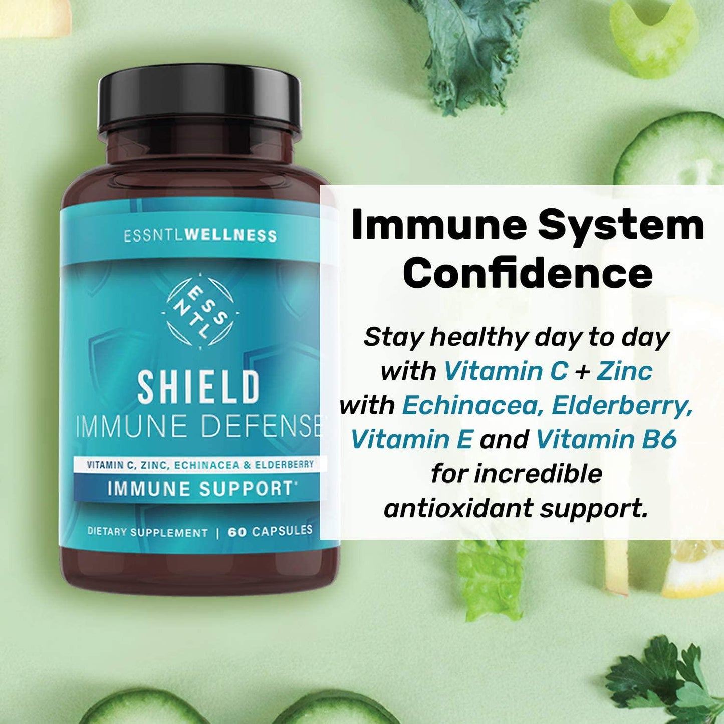 Essntlwellness Shield Immune Defense - Natural Immunity Support Supplement with Vitamin C, E, B6 and Zinc - Non-GMO Formula with Elderberry, Turmeric, Echinacea, Garlic Powder and Probiotics - 60 Capsules
