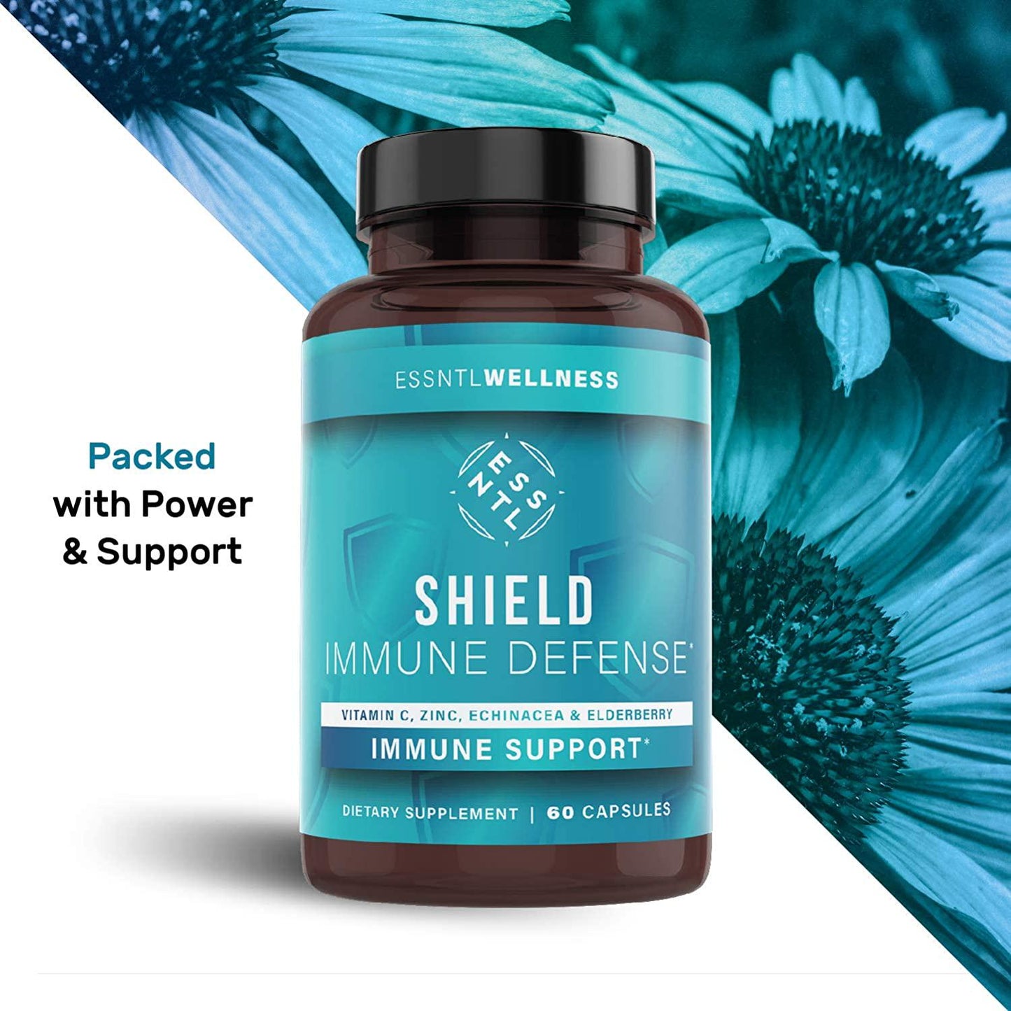 Essntlwellness Shield Immune Defense - Natural Immunity Support Supplement with Vitamin C, E, B6 and Zinc - Non-GMO Formula with Elderberry, Turmeric, Echinacea, Garlic Powder and Probiotics - 60 Capsules