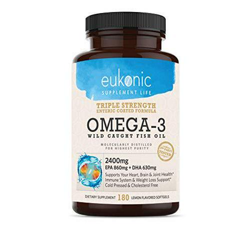 Eukonic Omega-3 Wild Caught Fish Oil 2400 mg, Triple Strength EPA 860 mg + DHA 630 mg, 180 Softgels, Lemon Flavored, Burpless, Enteric Coated