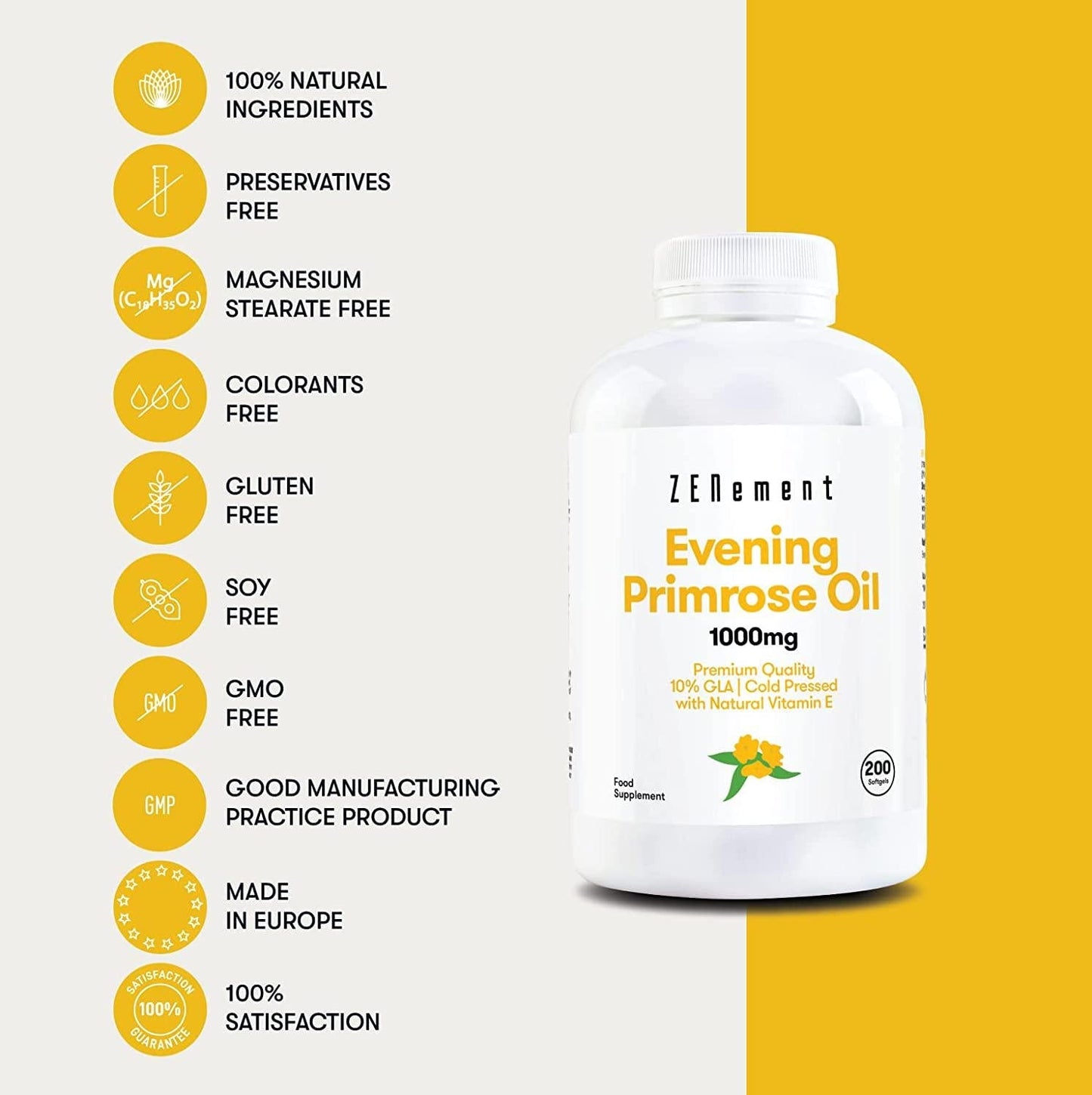 Evening Primrose Oil with GLA and Natural Vitamin E | PMS Symptoms, Hot Flashes, Skin Health, Heart Health | Cold-Pressed, Premium Quality | 200 Softgels | Non-GMO, GMP, 100% Natural